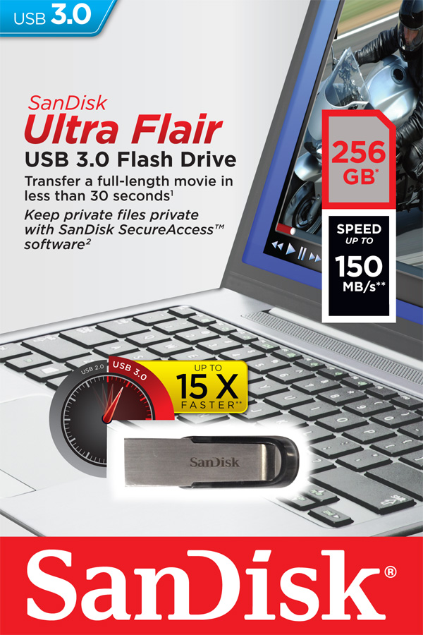 USB kľúč SanDisk Ultra Flair, 256 GB, USB 3.0, rýchlosť 150 MB/s