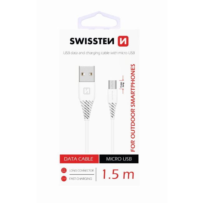 Dátový kábel Swissten s pčervenýĺženým Micro-USB konektorom pre odolné telefóny, biely