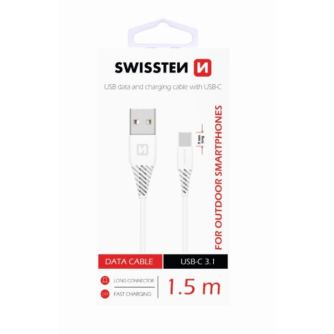 Dátový kábel Swissten s predĺženým USB-C konektorom pre odolné telefóny, biely