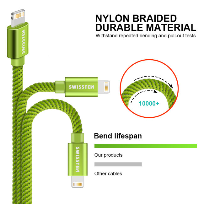 Dátový kábel Swissten textilný s Lightning konektorom a podporou rýchlonabíjania, zelený