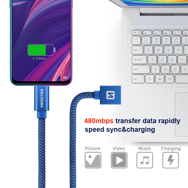 Dátový kábel Swissten textilný s Micro-USB konektorom a podporou rýchlonabíjania, modrý