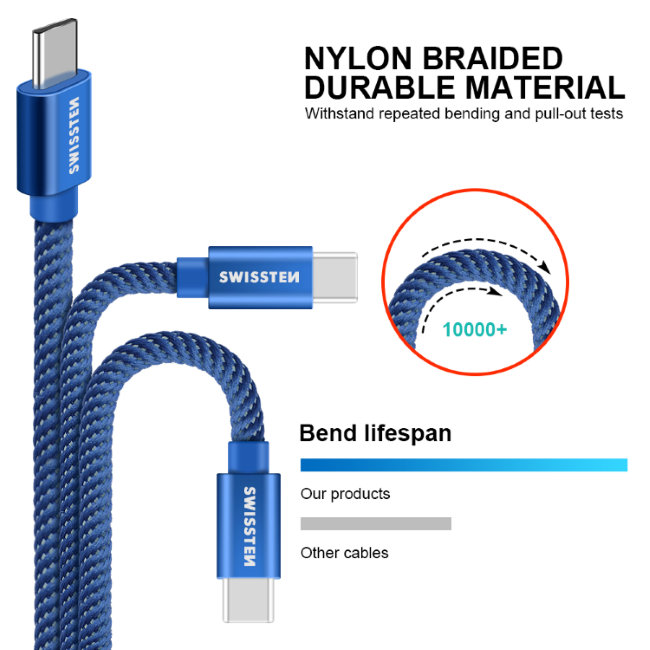 Dátový kábel Swissten textilný s USB-C konektorom a podporou rýchlonabíjania, modrý