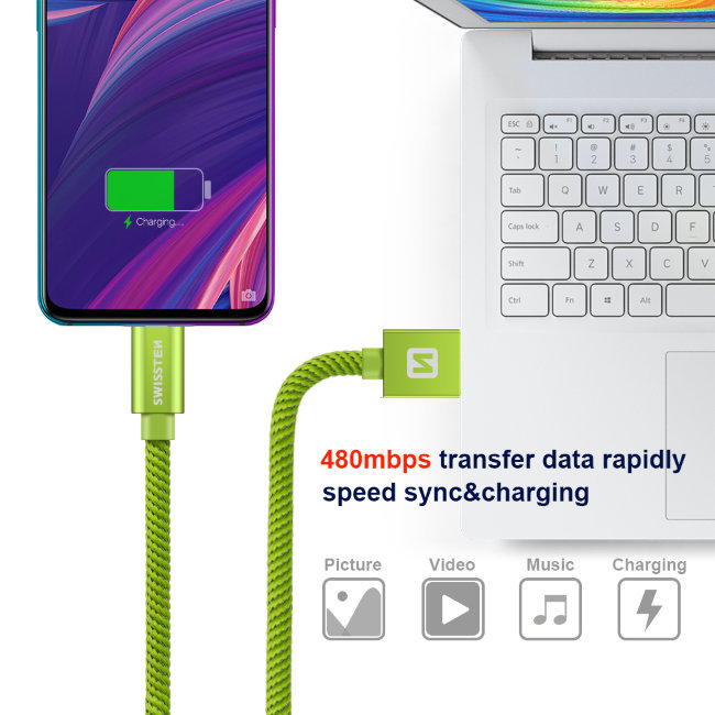 Dátový kábel Swissten textilný s USB-C konektorom a podporou rýchlonabíjania, Green