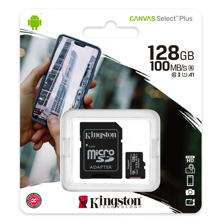 Kingston Canvas SeIect Plus Micro SDXC 128GB + SD adaptér, UHS-I A1, Class 10 - rýchlosť 100 MB/s