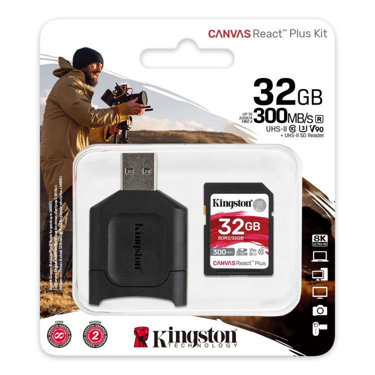 Kingston Canvas React Plus Secure Digital SDHC + čítačka, UHS-II U3 32GB | Class 10, rýchlosť 300/260MB/s (MLPR2/32GB)