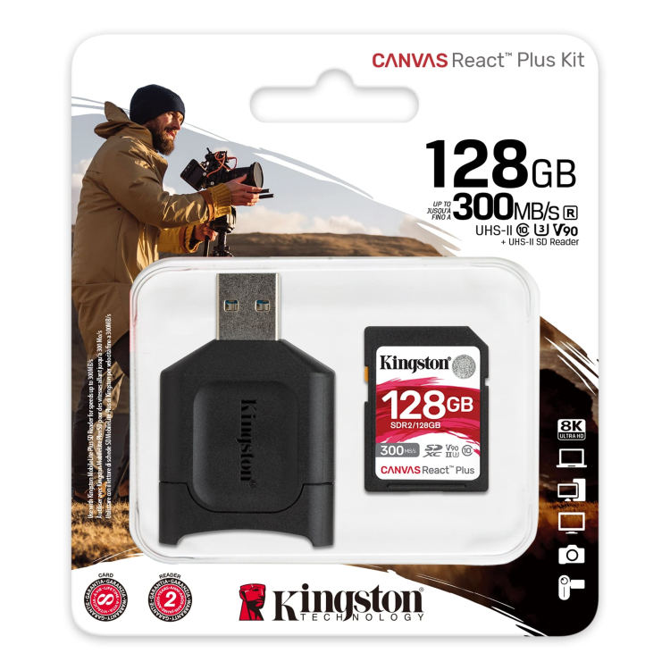 Kingston Canvas React Plus Secure Digital SDXC + čítačka, UHS-II U3 128GB | Class 10, rýchlosť 300/260MB/s (MLPR2/128GB)