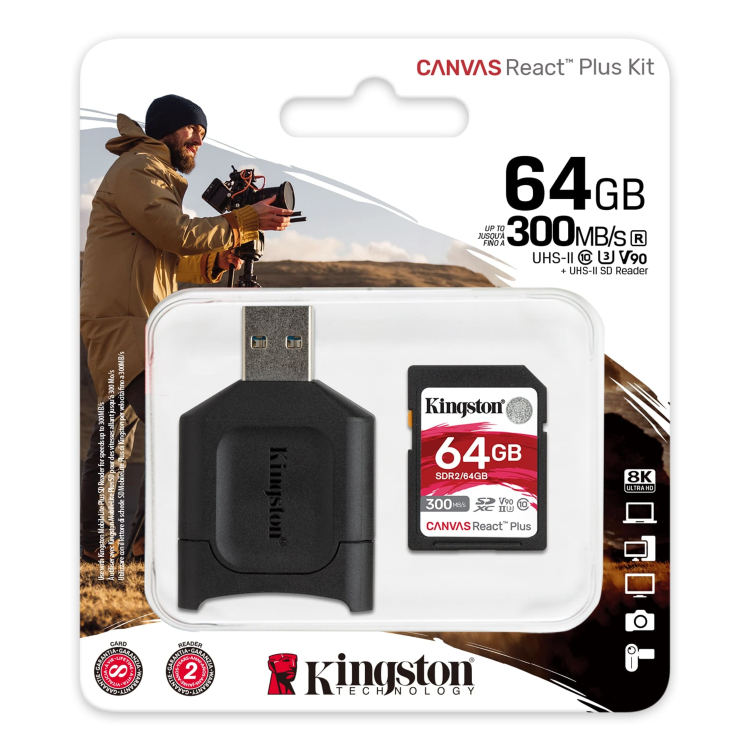 Kingston Canvas React Plus Secure Digital SDXC + čítačka, UHS-II U3 64GB | Class 10, rýchlosť 300/260MB/s (MLPR2/64GB)