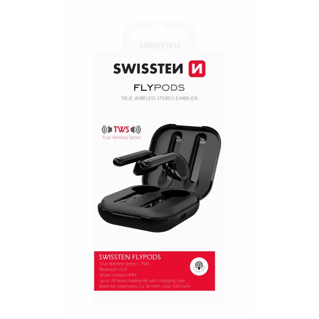 Bluetooth TWS slúchadlá Swissten Flypods, čierne
