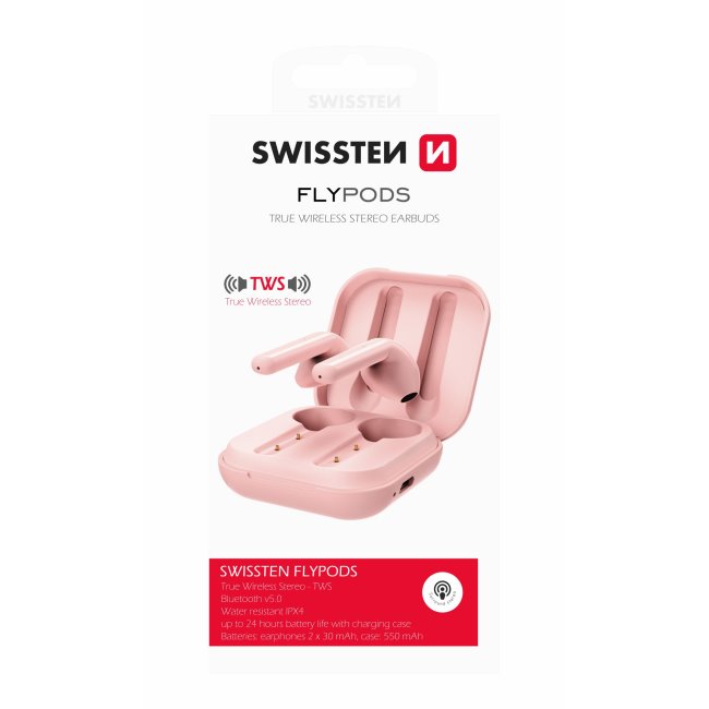 Bluetooth TWS slúchadlá Swissten Flypods, ružové