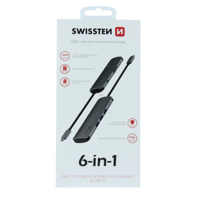 Hliníkový USB-C HUB Swissten 6-in-1 (USB-C PD, 3x USB 3.0, SD, MicroSD)