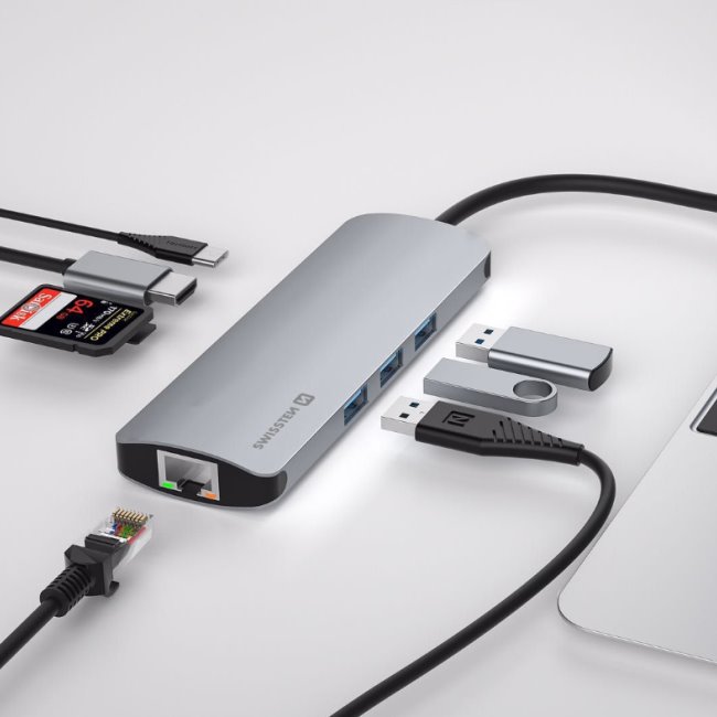 Hliníkový USB-C HUB Swissten 8 v 1, USB-C PD, HDMI, LAN, 3 x USB 3.0, SD, MicroSD