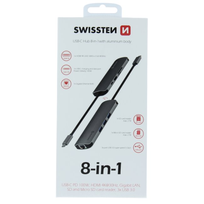 Hliníkový USB-C HUB Swissten 8 v 1, USB-C PD, HDMI, LAN, 3 x USB 3.0, SD, MicroSD