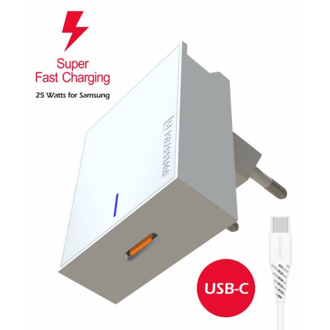 Rýchlonabíjačka Swissten Samsung Super Fast Charging 25 W + kábel USB-C/USB-C 1,2 m, biela