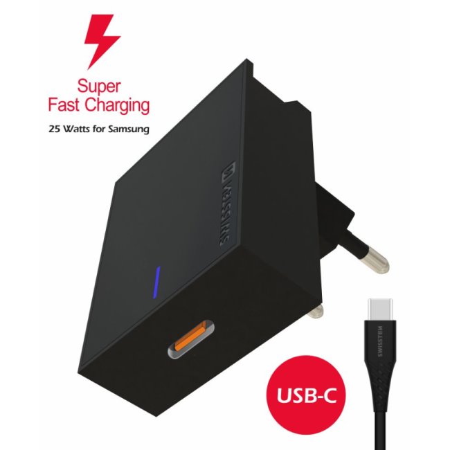 Rýchlonabíjačka Swissten Samsung Super Fast Charging 25 W + kábel USB-C/USB-C 1,2 m, čierna