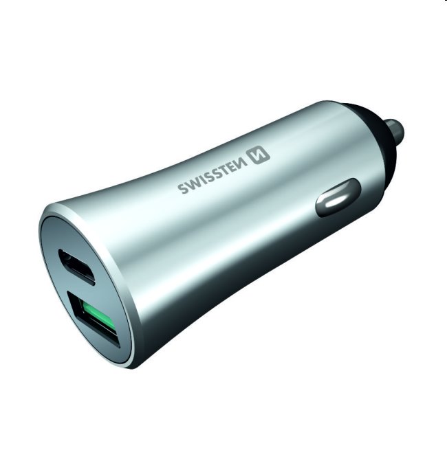 Autonabíjačka Swissten s podporou Power Delivery USB-C a Qualcomm 3.0, 36 W, matná strieborná