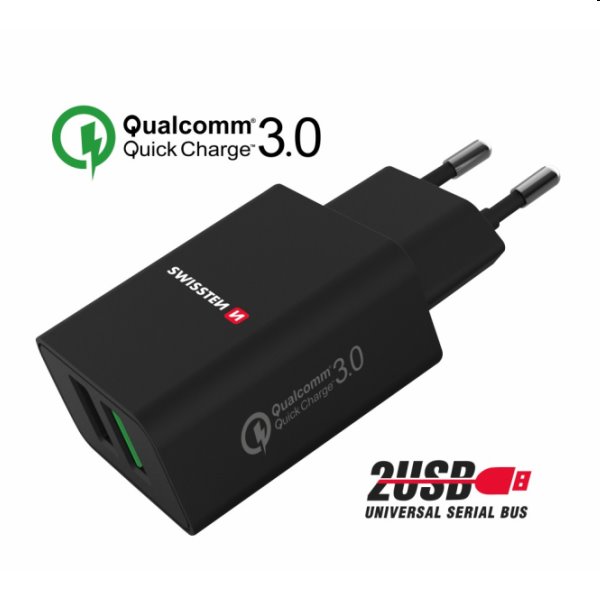 Nabíjačka Swissten 2x USB QC 3.0 + USB 23W, čierna