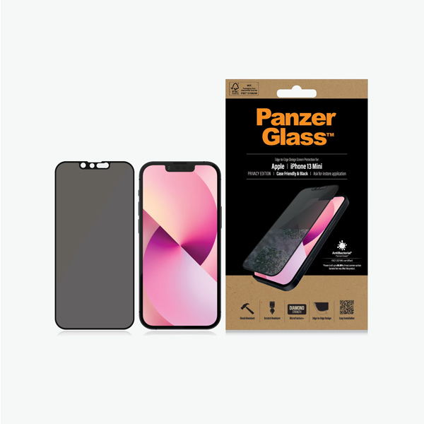 Ochranné temperované sklo PanzerGlass Case Friendly AB s privátnym filtrom pre Apple iPhone 13 Mini, čierne