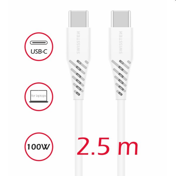 Swissten Dátový a nabíjací kábel TPU USB-C/USB-C, PD,2,5 m, biely