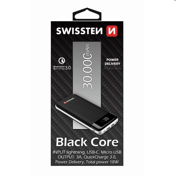 Swissten Black Core Slim Powerbank 30.000 mAh + Popsockets As Seen on TIKTOK