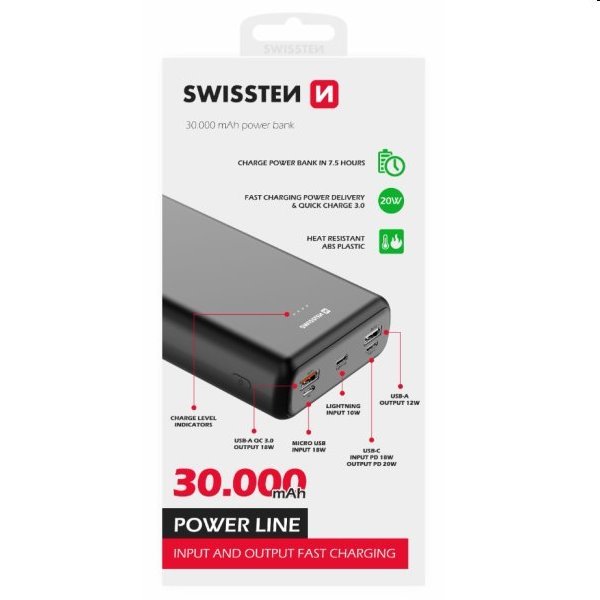 Swissten Power Line Powerbank 30 000 mAh 20W, PD, black + Popsockets As Seen on TIKTOK