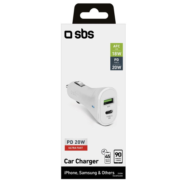 SBS Autonabíjačka USB-C PD 20 W/USB AFC 18 W, biela