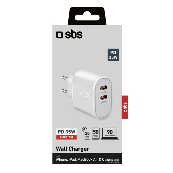 SBS Cestovný adaptér 2 x USB-C, PD, 35 W, biela