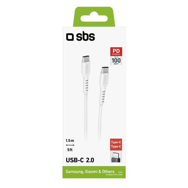 SBS Kábel USB-C/USB-C, PD 100 W, 1,5 m, biela