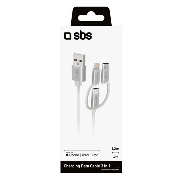 SBS Nabíjací a Data USB kábel 3 v 1 USB-C/micro-USB/Lightning MFI C-89, 1,2 m, biela