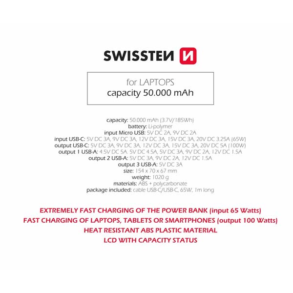 Swissten Power Line Powerbanka 50000 mAh 100W, PD, čierna