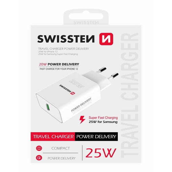 Sieťový Adaptér Swissten pre iPhone a Samsung PD, 25 W, biela