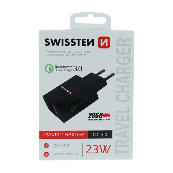 Sieťový Adaptér Swissten 2 x USB QC 3.0 a USB, 23 W, čierna
