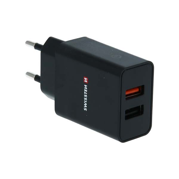Sieťový Adaptér Swissten 2 x USB QC 3.0 a USB, 23 W, čierna