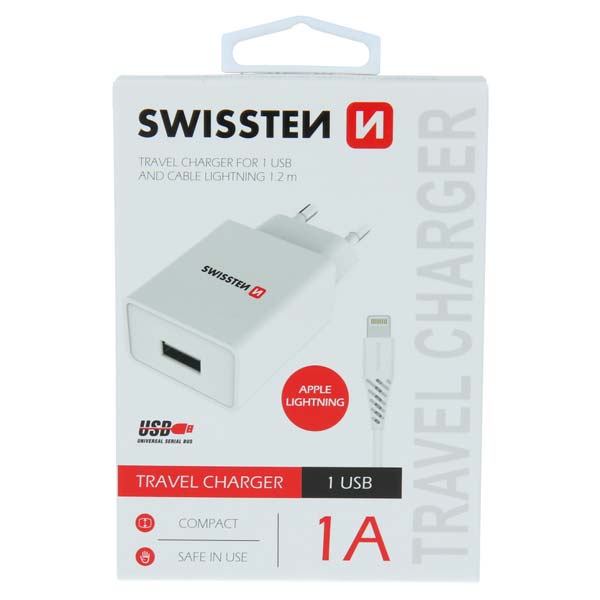 Sieťový Adaptér Swissten Smart IC 1 x USB 1A a Dátový kábel USB / Lightning 1,2 m, biela