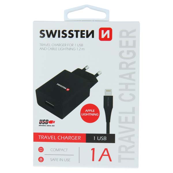 Sieťový Adaptér Swissten Smart IC 1 x USB 1A a Dátový kábel USB / Lightning 1,2 m, čierna