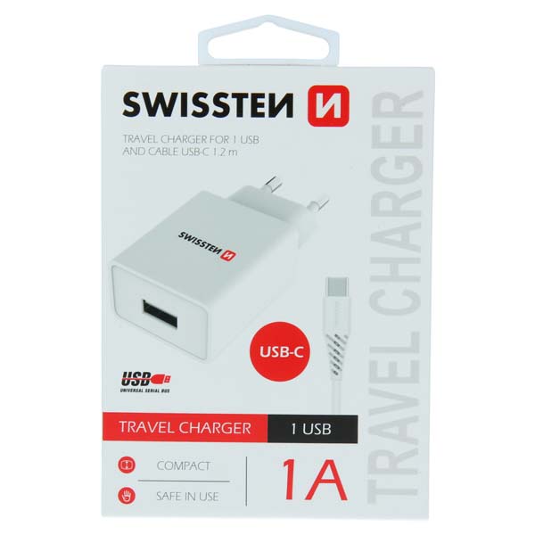Swissten sieťový adaptér Smart IC 1 x USB 1A Power s dátovým káblom USB/TYPE C 1,2 m, biela
