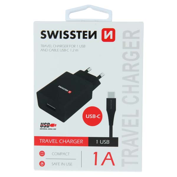 Sieťový Adaptér Swissten Smart IC 1 x USB 1A a Dátový kábel USB / Typ C 1,2 m, čierna