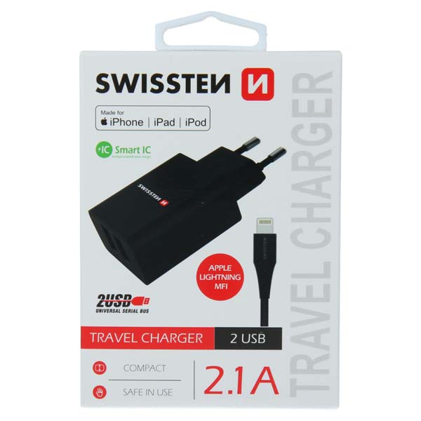 Sieťový Adaptér Swissten Smart IC 2 x USB 2,1A Power a Dátový kábel USB / Lightning MFi 1,2 m, čierna