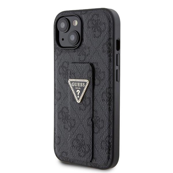 Zadný kryt Guess PU Grip Stand 4G Strass Triangle Metal Logo pre iPhone 15, čierna