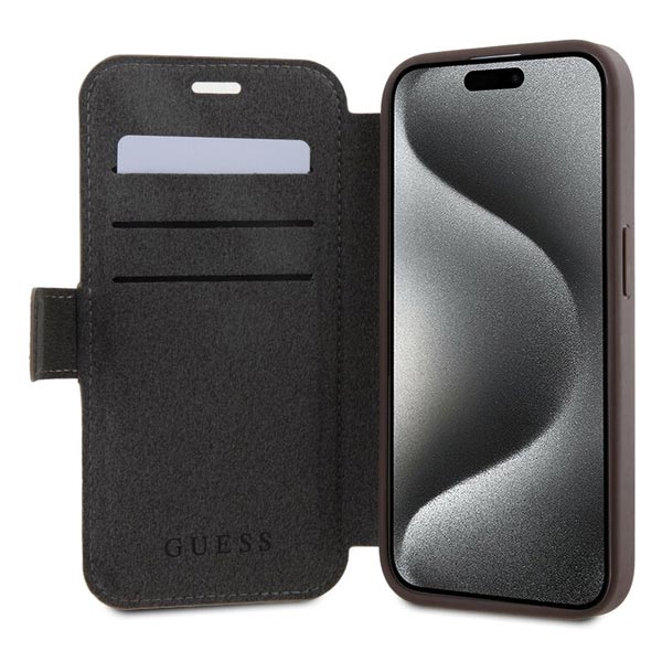Knižkové puzdro Guess PU Leather 4G Metal Logo pre iPhone 15, hnedá