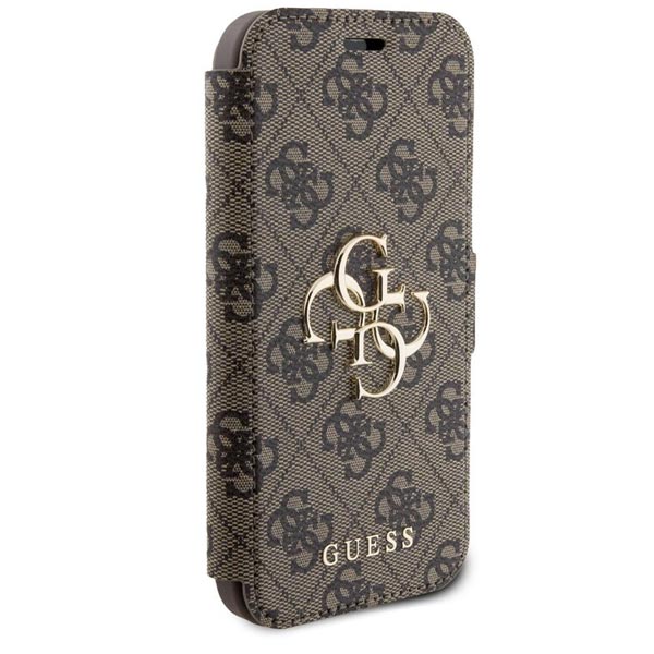Knižkové puzdro Guess PU Leather 4G Metal Logo pre iPhone 15, hnedá