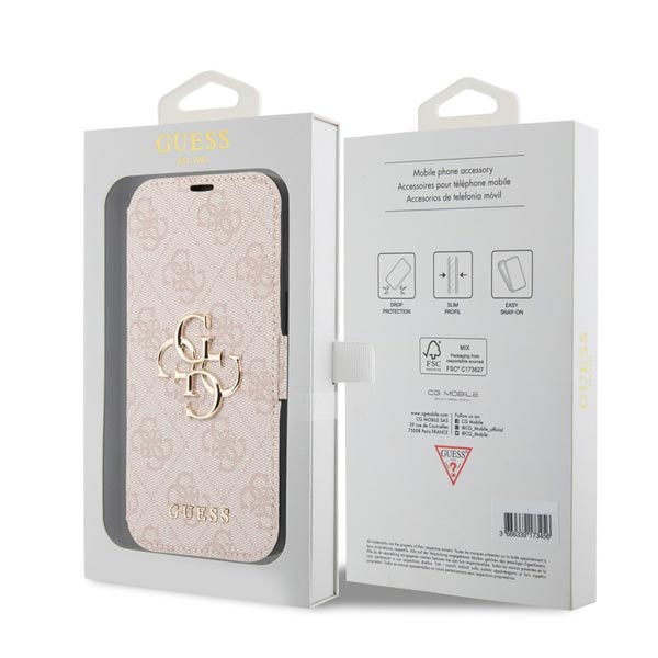 Knižkové puzdro Guess PU Leather 4G Metal Logo pre iPhone 15, ružová