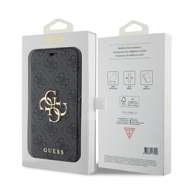 Knižkové puzdro Guess PU Leather 4G Metal Logo pre iPhone 15 Plus, šedá