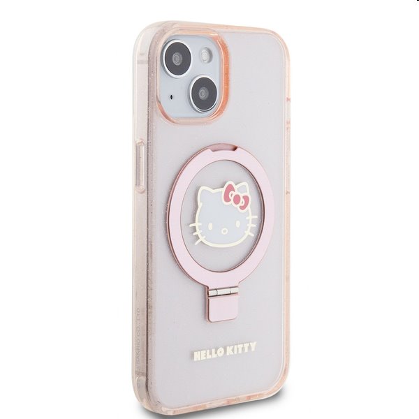 Zadný kryt Hello Kitty IML Ringstand Glitter Kitty Head Logo MagSafe pre Apple iPhone 15, ružová