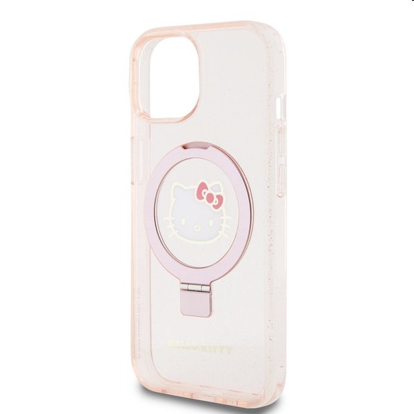 Zadný kryt Hello Kitty IML Ringstand Glitter Kitty Head Logo MagSafe pre Apple iPhone 15, ružová
