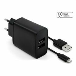FIXED Sieťová nabíjačka Smart Rapid Charge s 2 x USB 15 W a kábel USB/Lightning MFI 1 m, čierna foto
