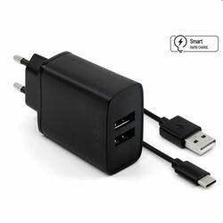 FIXED Sieťová nabíjačka Smart Rapid Charge s 2 x USB, 15 W a kábel USB/USB-C 1m, čierna foto