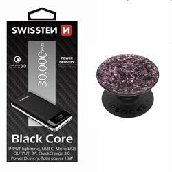 Swissten Black Core Slim Powerbank 30.000 mAh + PopSocket Foil Confetti Lilac PG