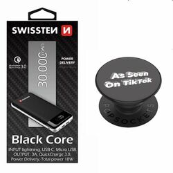 Swissten Black Core Slim Powerbank 30.000 mAh + Popsockets As Seen on TIKTOK