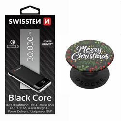 Swissten Black Core Slim Powerbank 30.000 mAh + Popsockets Merry Christmas