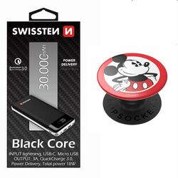 Swissten Black Core Slim Powerbank 30.000 mAh + Popsockets Mickey Classic